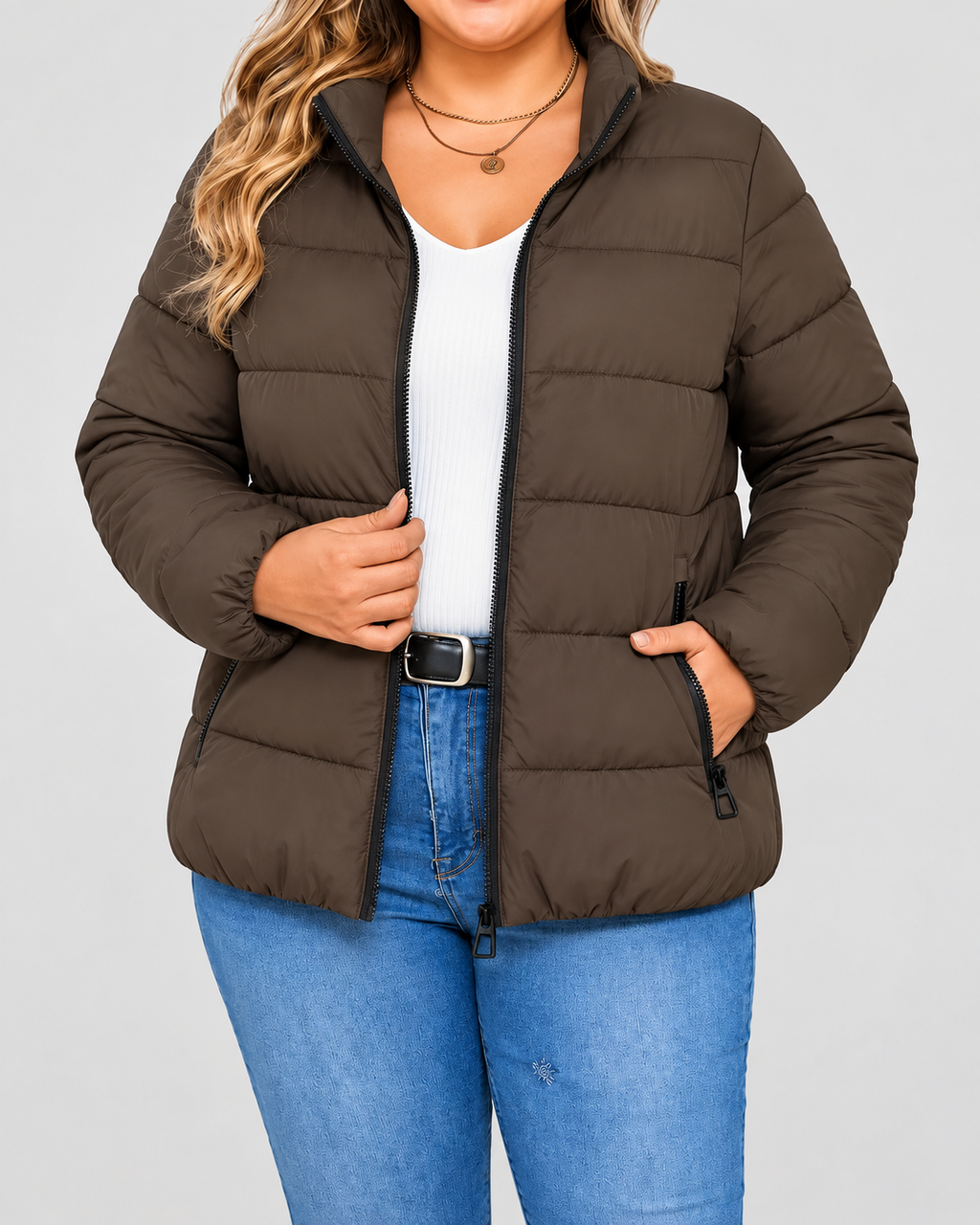 Women's Puffer Jacket with Stand Collar and Zip Pockets - brown