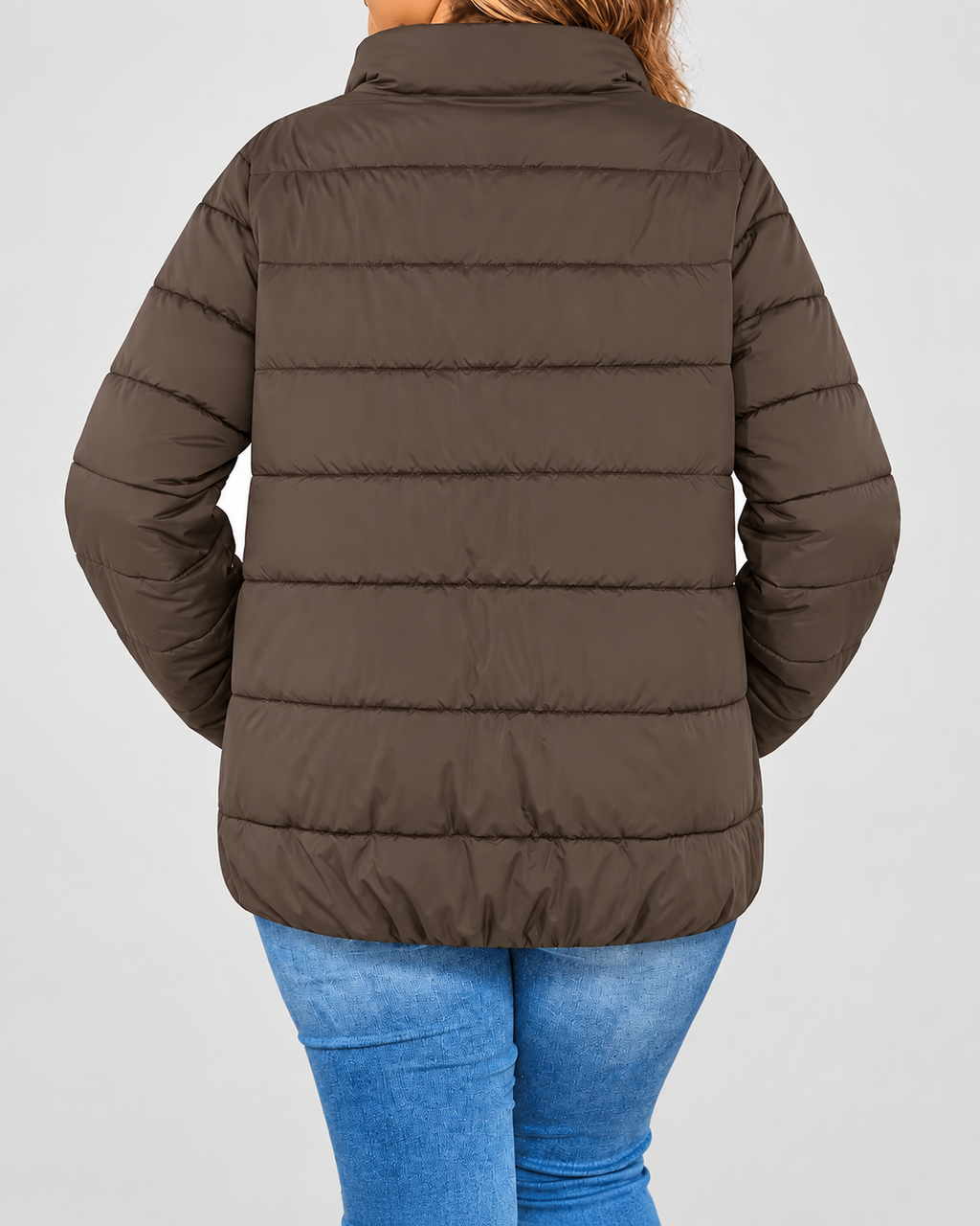 Women's Puffer Jacket with Stand Collar and Zip Pockets - brown back