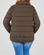 Women's Puffer Jacket with Stand Collar and Zip Pockets - brown back