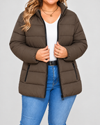 Women's Puffer Jacket with Stand Collar and Zip Pockets - brown