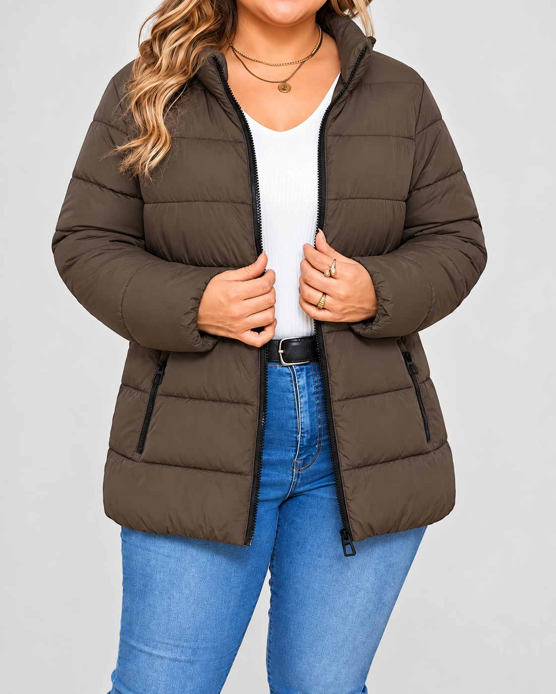 Women's Puffer Jacket with Stand Collar and Zip Pockets - brown