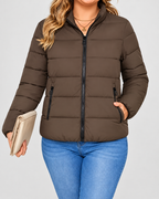 Women's Puffer Jacket with Stand Collar and Zip Pockets - brown