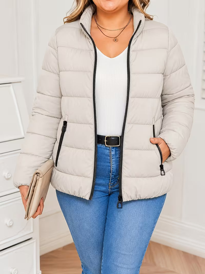 Women's Puffer Jacket with Stand Collar and Zip Pockets - detail