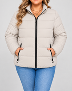 Women's Puffer Jacket with Stand Collar and Zip Pockets - beige