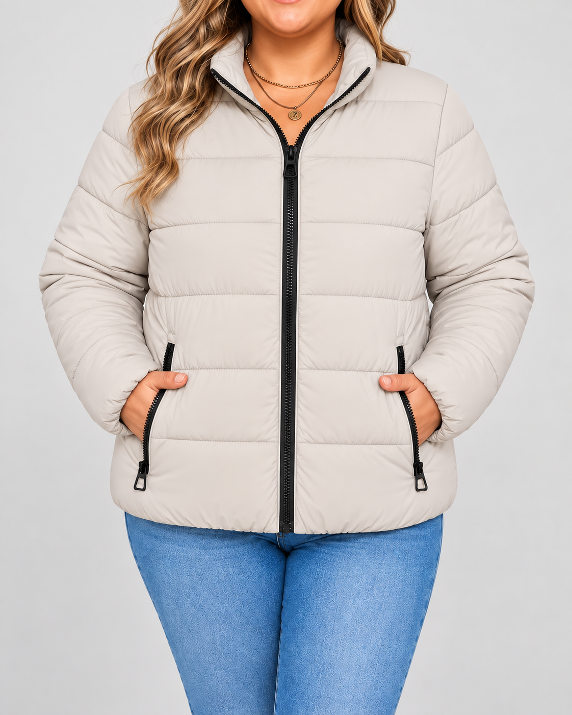 Women's Puffer Jacket with Stand Collar and Zip Pockets - beige