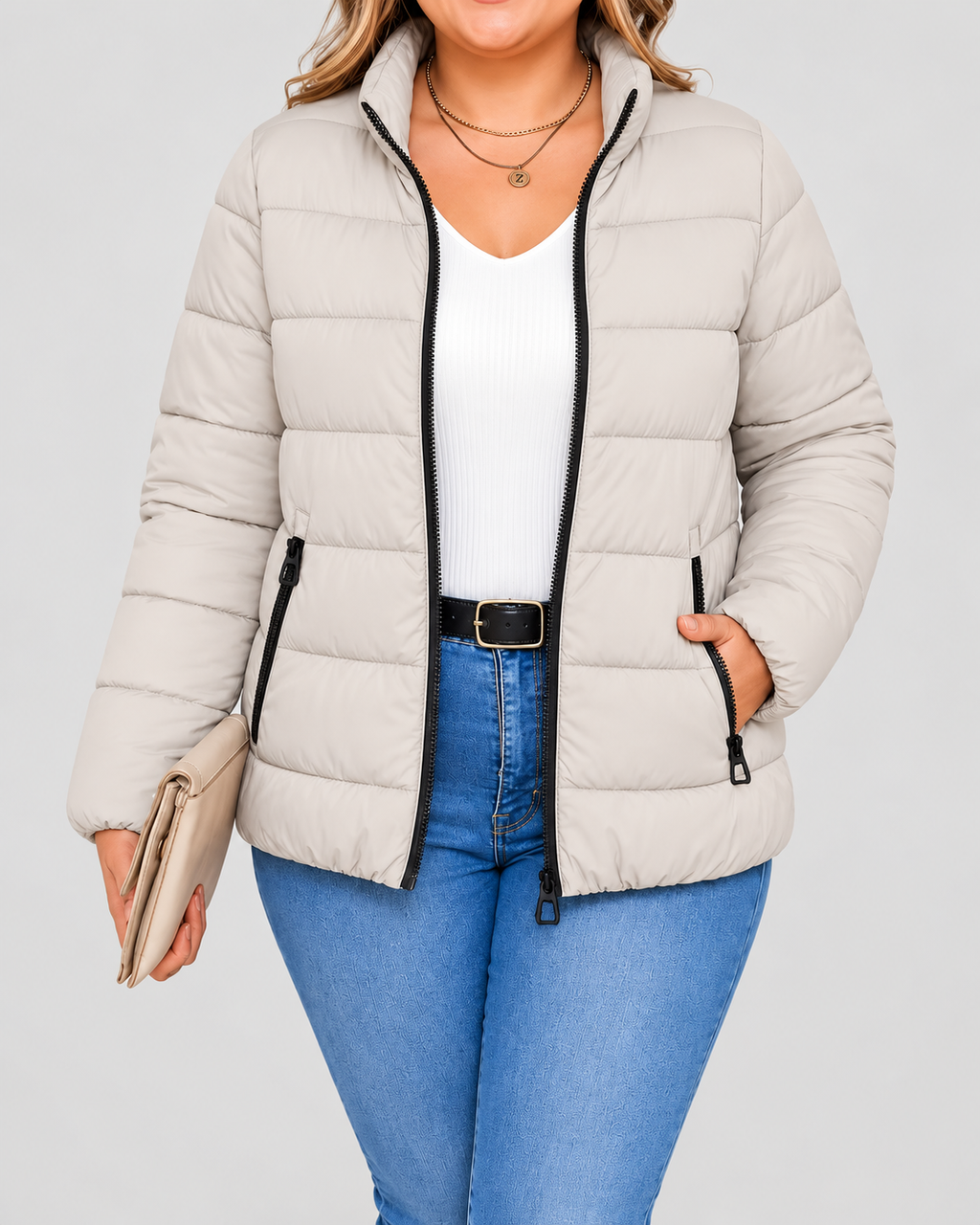 Women's Puffer Jacket with Stand Collar and Zip Pockets - beige