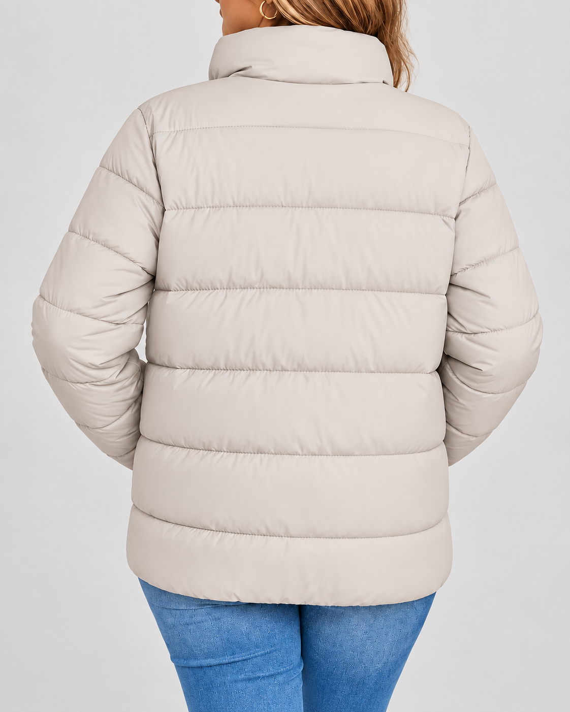 Women's Puffer Jacket with Stand Collar and Zip Pockets - beige back