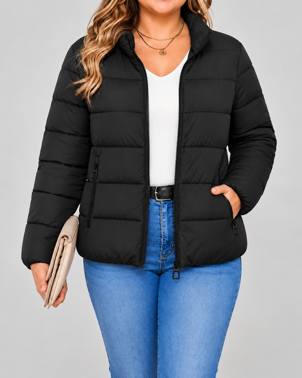 Women's Puffer Jacket with Stand Collar and Zip Pockets - black