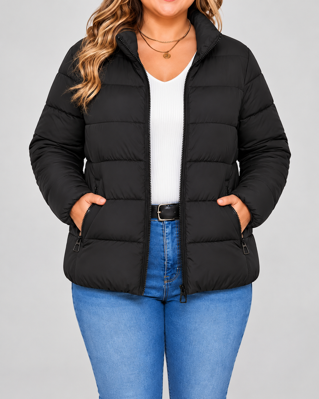 Women's Puffer Jacket with Stand Collar and Zip Pockets - black