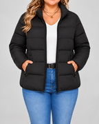Women's Puffer Jacket with Stand Collar and Zip Pockets - black