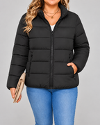 Women's Puffer Jacket with Stand Collar and Zip Pockets - black