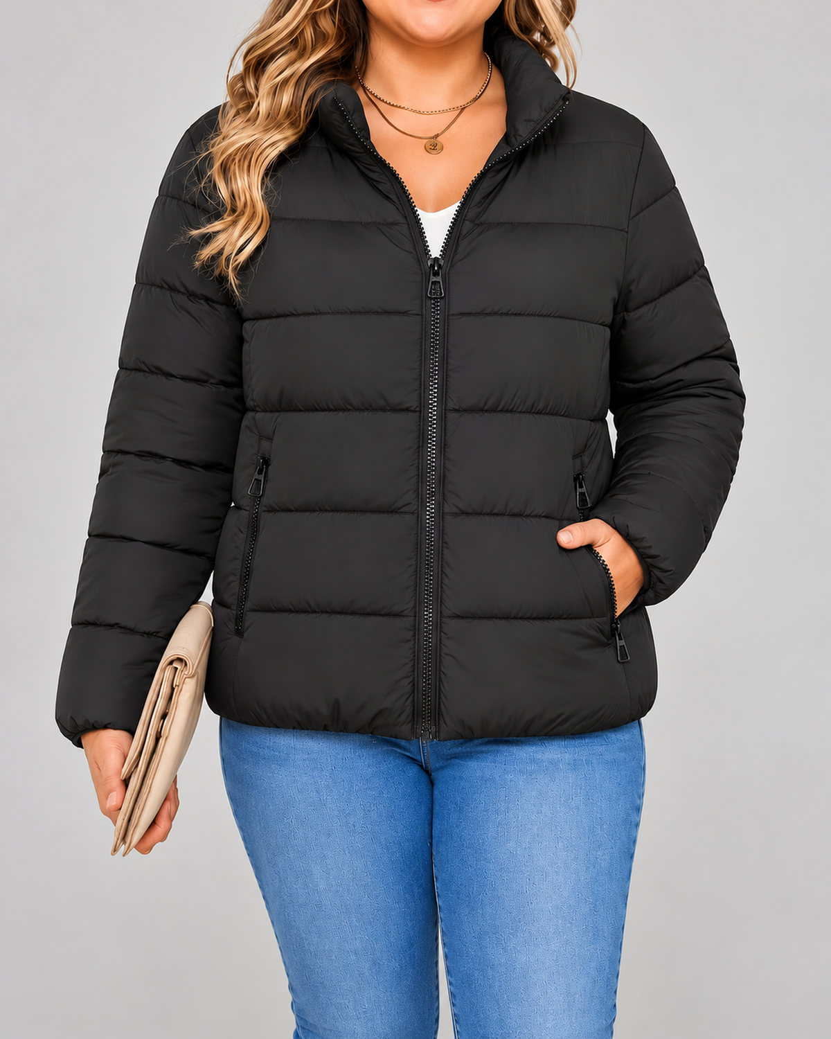 Women's Puffer Jacket with Stand Collar and Zip Pockets - black