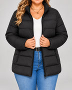 Women's Puffer Jacket with Stand Collar and Zip Pockets - black
