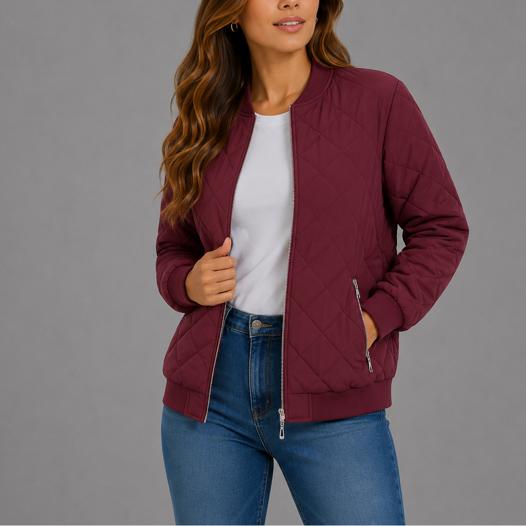 Women's Quilted Bomber Jacket with Zip Front and Ribbed Trim