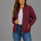 Women's Quilted Bomber Jacket with Zip Front and Ribbed Trim
