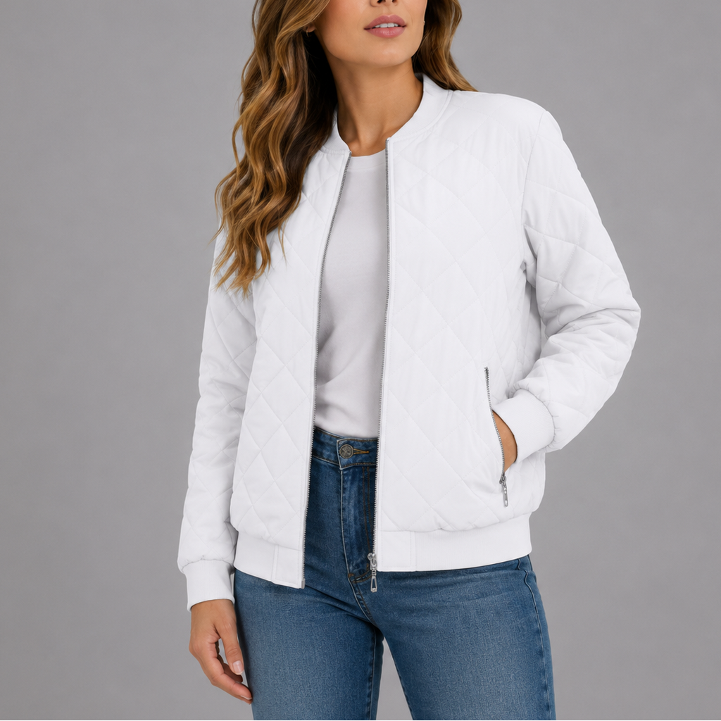 Women's Quilted Bomber Jacket with Zip Front and Ribbed Trim