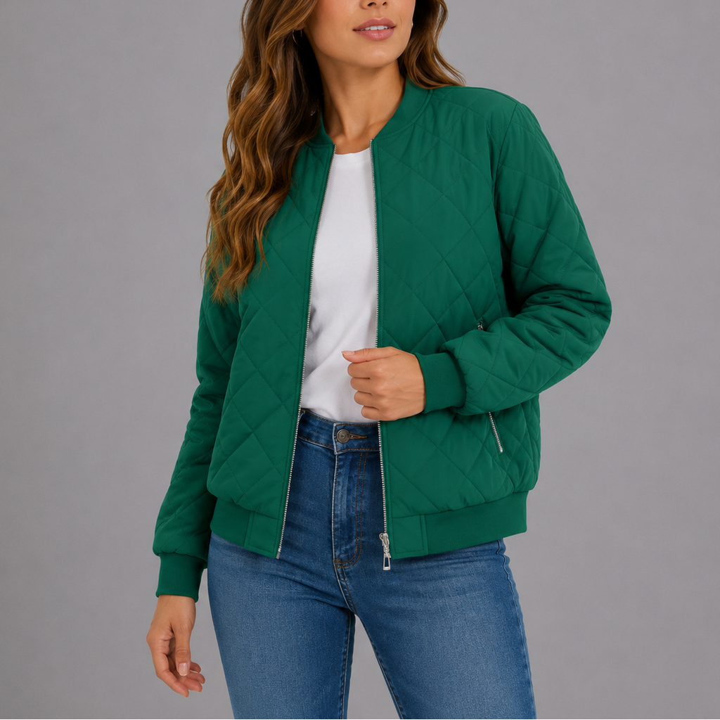 Women's Quilted Bomber Jacket with Zip Front and Ribbed Trim