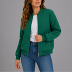 Women's Quilted Bomber Jacket with Zip Front and Ribbed Trim