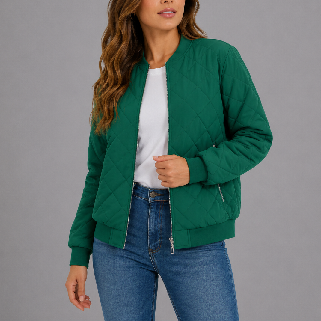 Women's Quilted Bomber Jacket with Zip Front and Ribbed Trim