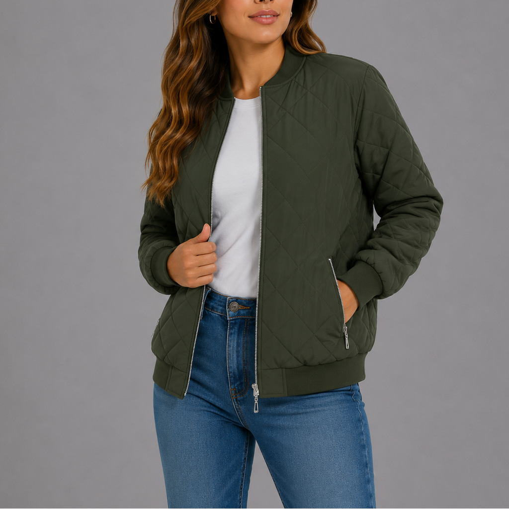 Women's Quilted Bomber Jacket with Zip Front and Ribbed Trim