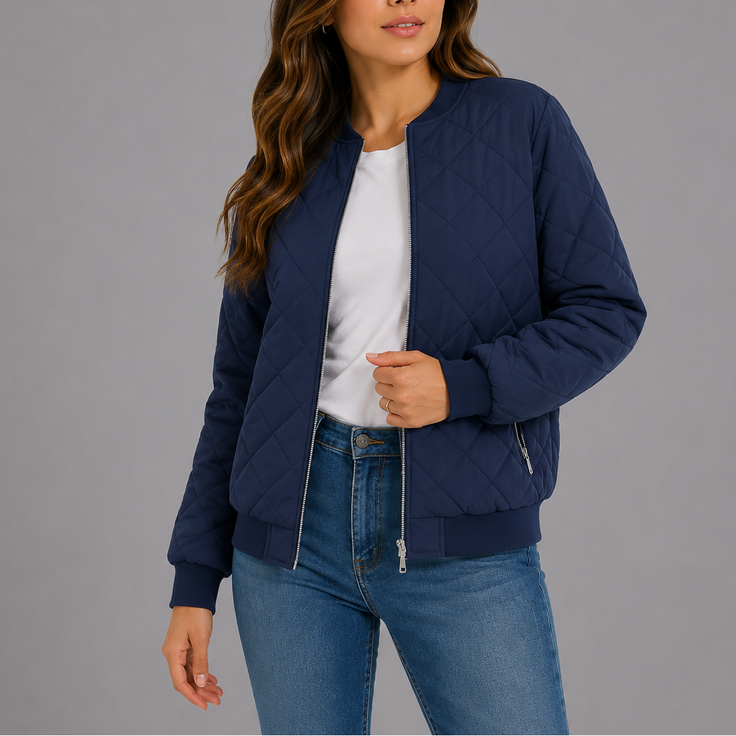 Women's Quilted Bomber Jacket with Zip Front and Ribbed Trim