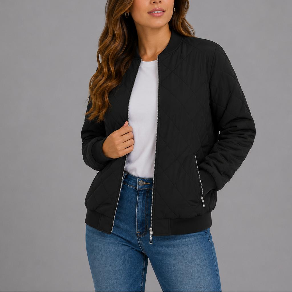 Women's Quilted Bomber Jacket with Zip Front and Ribbed Trim