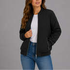 Women's Quilted Bomber Jacket with Zip Front and Ribbed Trim