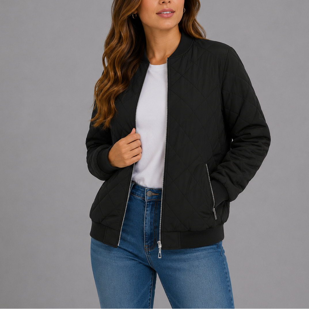 Women's Quilted Bomber Jacket with Zip Front and Ribbed Trim