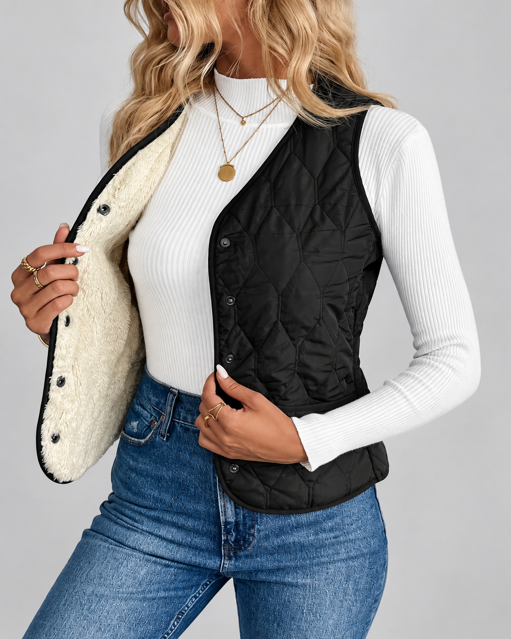 Women's Quilted Gilet with Fleece Lining and Button Front