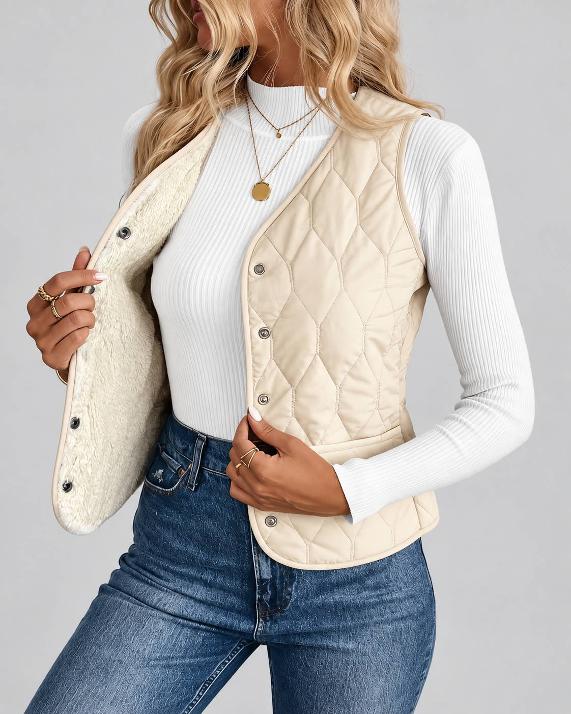 Women's Quilted Gilet with Fleece Lining and Button Front