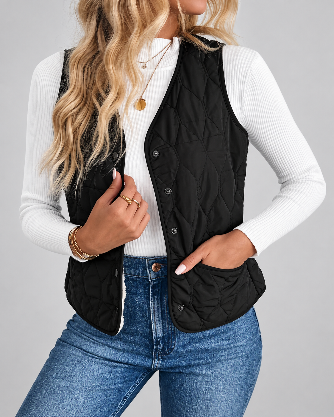 Women's Quilted Gilet with Fleece Lining and Button Front