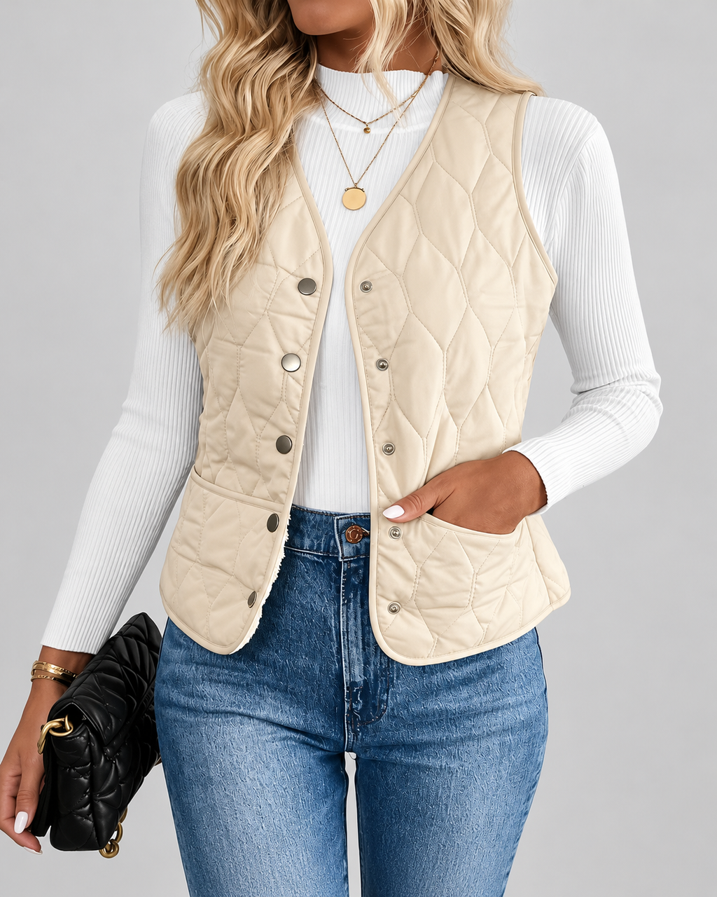 Women's Quilted Gilet with Fleece Lining and Button Front