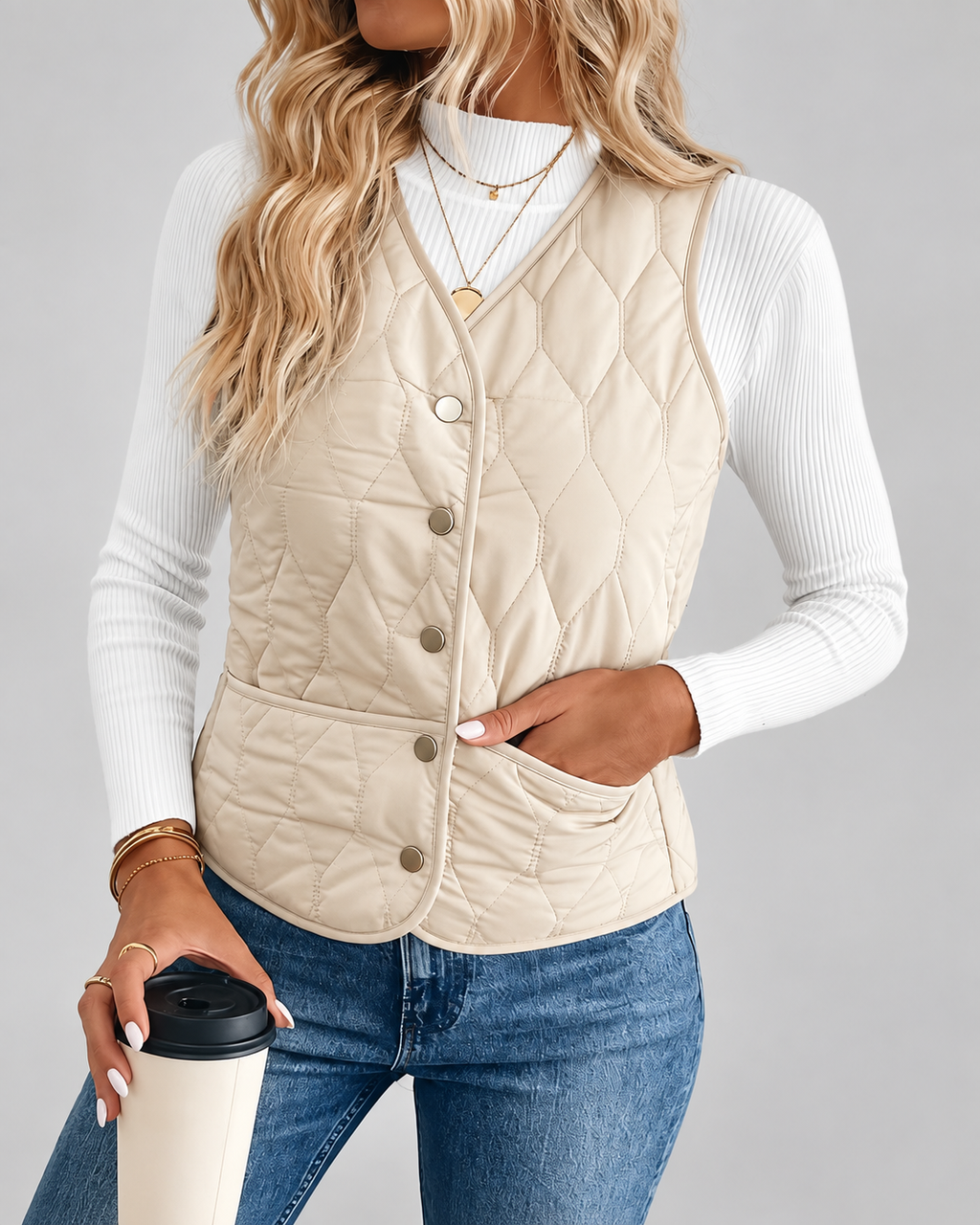 Women's Quilted Gilet with Fleece Lining and Button Front