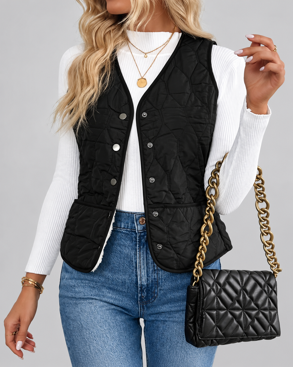 Women's Quilted Gilet with Fleece Lining and Button Front