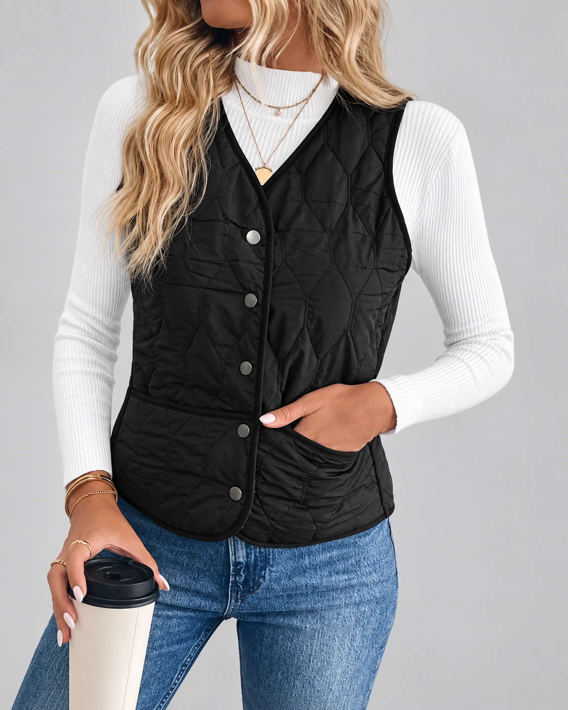 Women's Quilted Gilet with Fleece Lining and Button Front