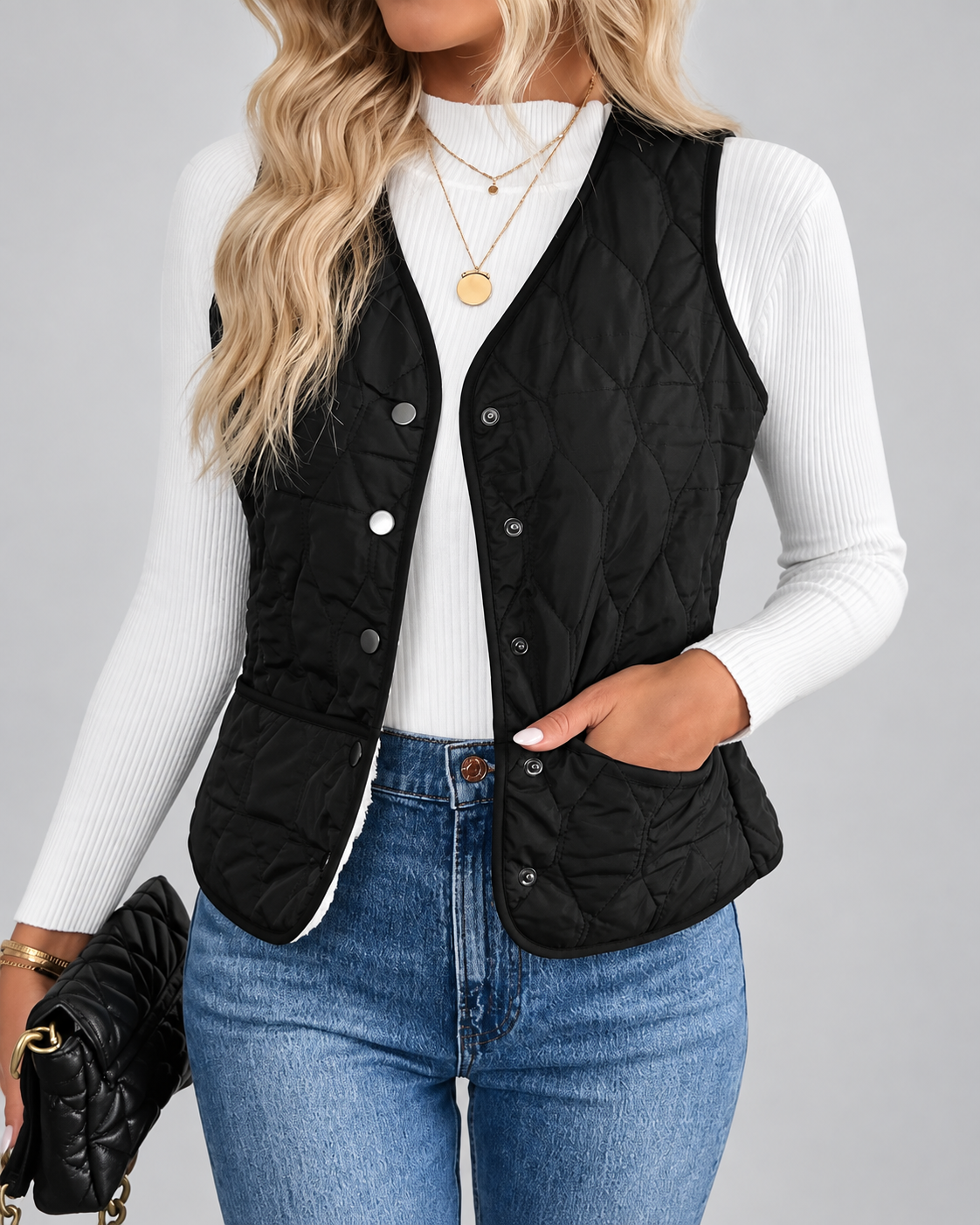 Women's Quilted Gilet with Fleece Lining and Button Front