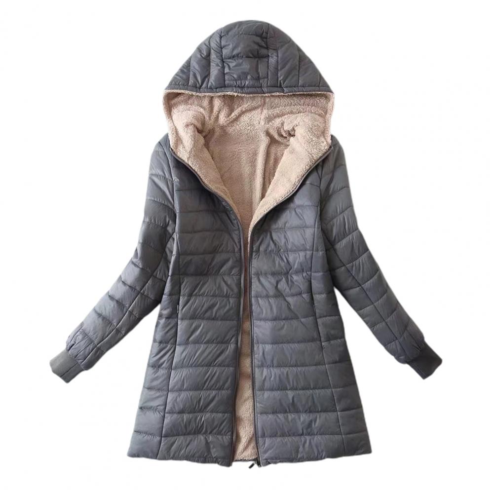 Women's Longline Quilted Hooded Jacket with Fleece Lining and Zip Front