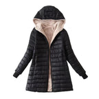 Women's Longline Quilted Hooded Jacket with Fleece Lining and Zip Front