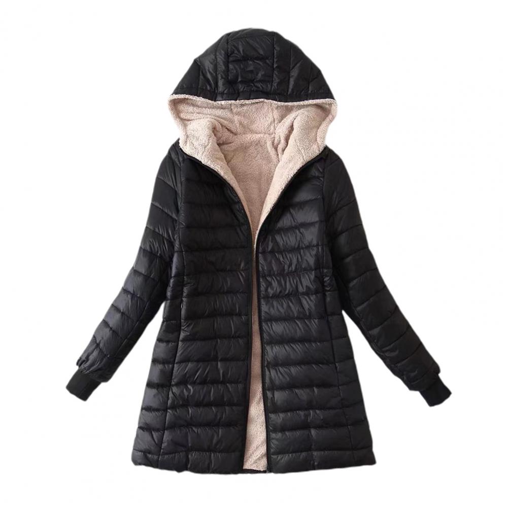 Women's Longline Quilted Hooded Jacket with Fleece Lining and Zip Front