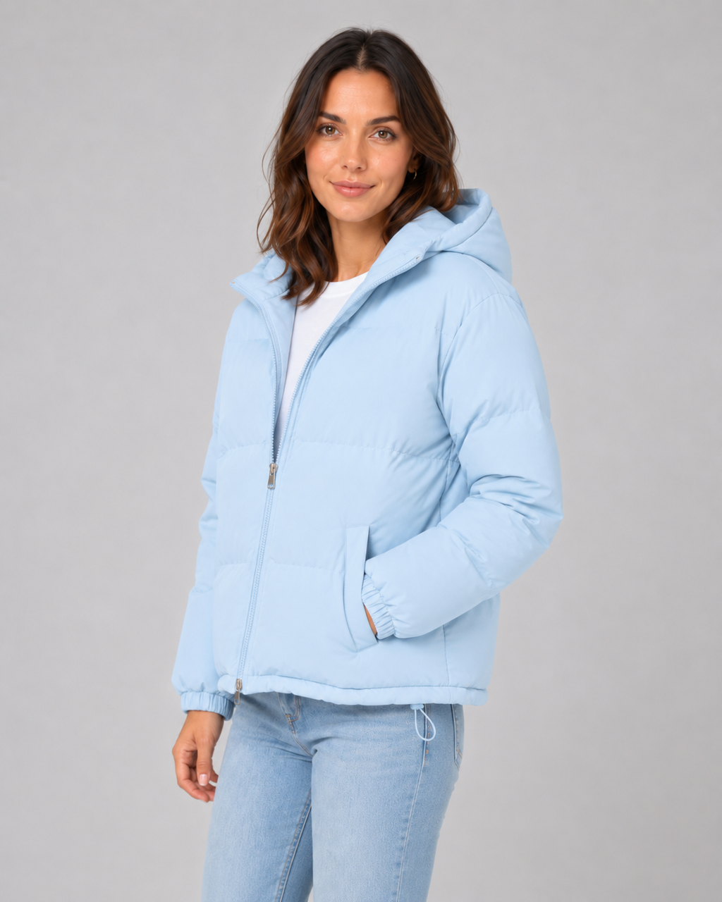 Women's Hooded Puffer Jacket with Drawstring Hem and Zip Front