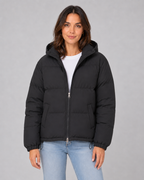 Women's Hooded Puffer Jacket with Drawstring Hem and Zip Front - Black
