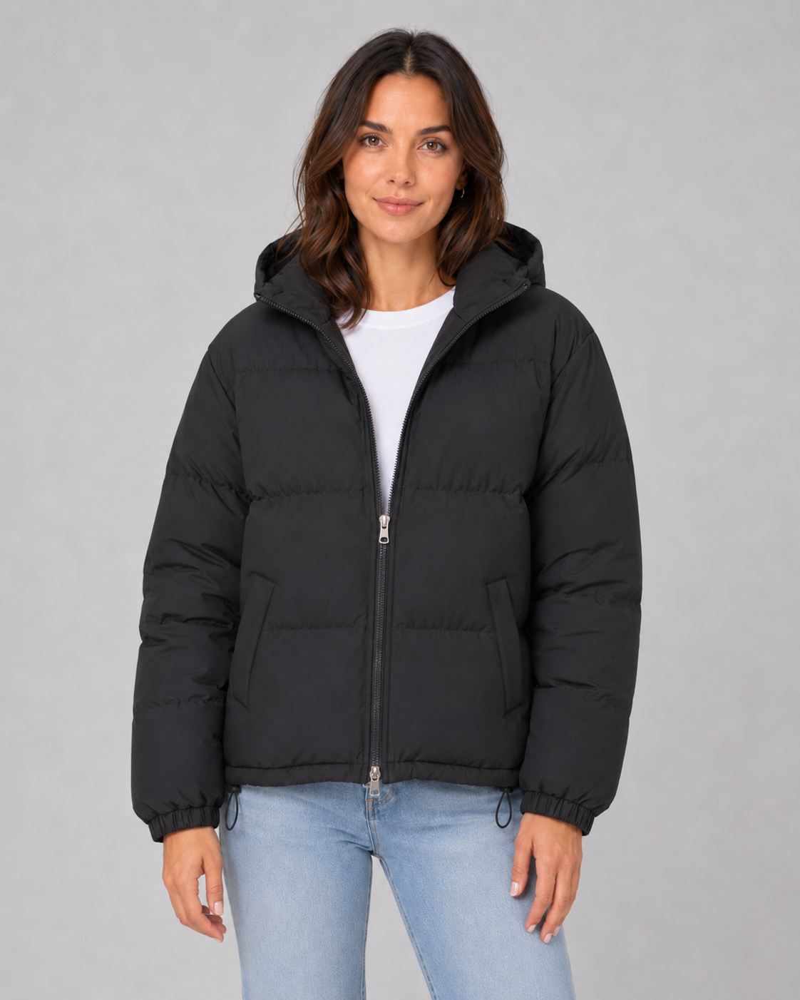 Women's Hooded Puffer Jacket with Drawstring Hem and Zip Front - Black