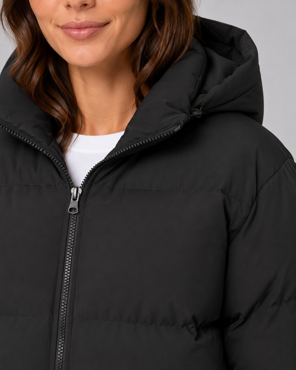 Women's Hooded Puffer Jacket with Drawstring Hem and Zip Front