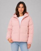 Women's Hooded Puffer Jacket with Drawstring Hem and Zip Front - Pink