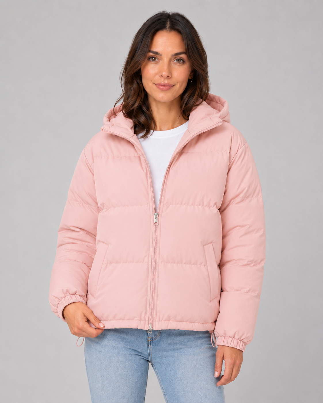 Women's Hooded Puffer Jacket with Drawstring Hem and Zip Front - Pink