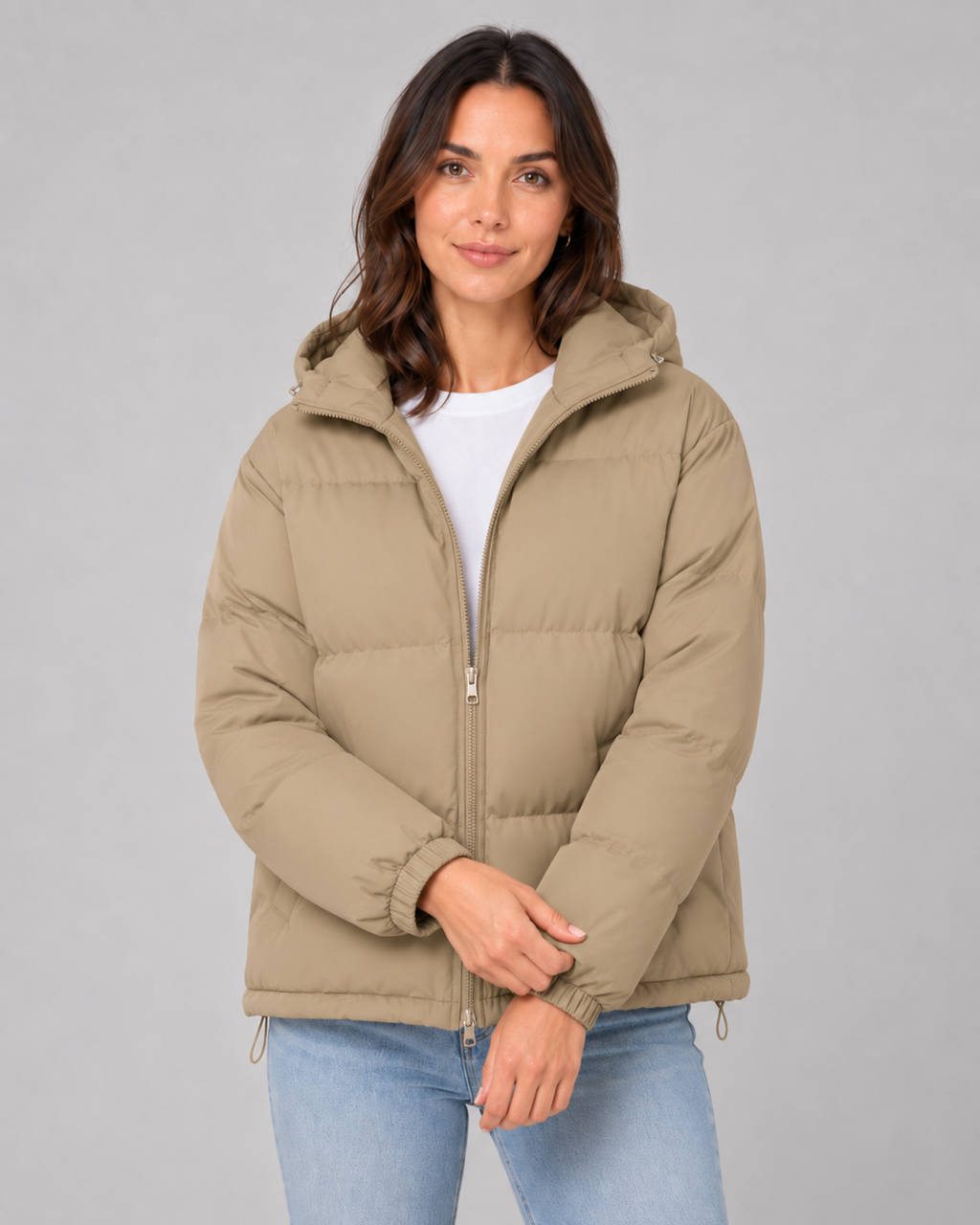 Women's Hooded Puffer Jacket with Drawstring Hem and Zip Front - Khaki