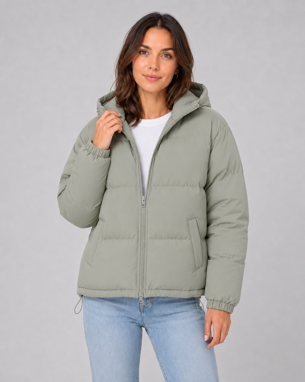 Women's Hooded Puffer Jacket with Drawstring Hem and Zip Front - Green