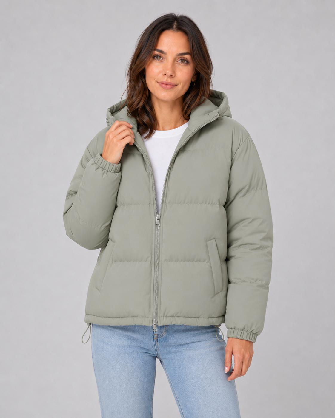 Women's Hooded Puffer Jacket with Drawstring Hem and Zip Front - Green