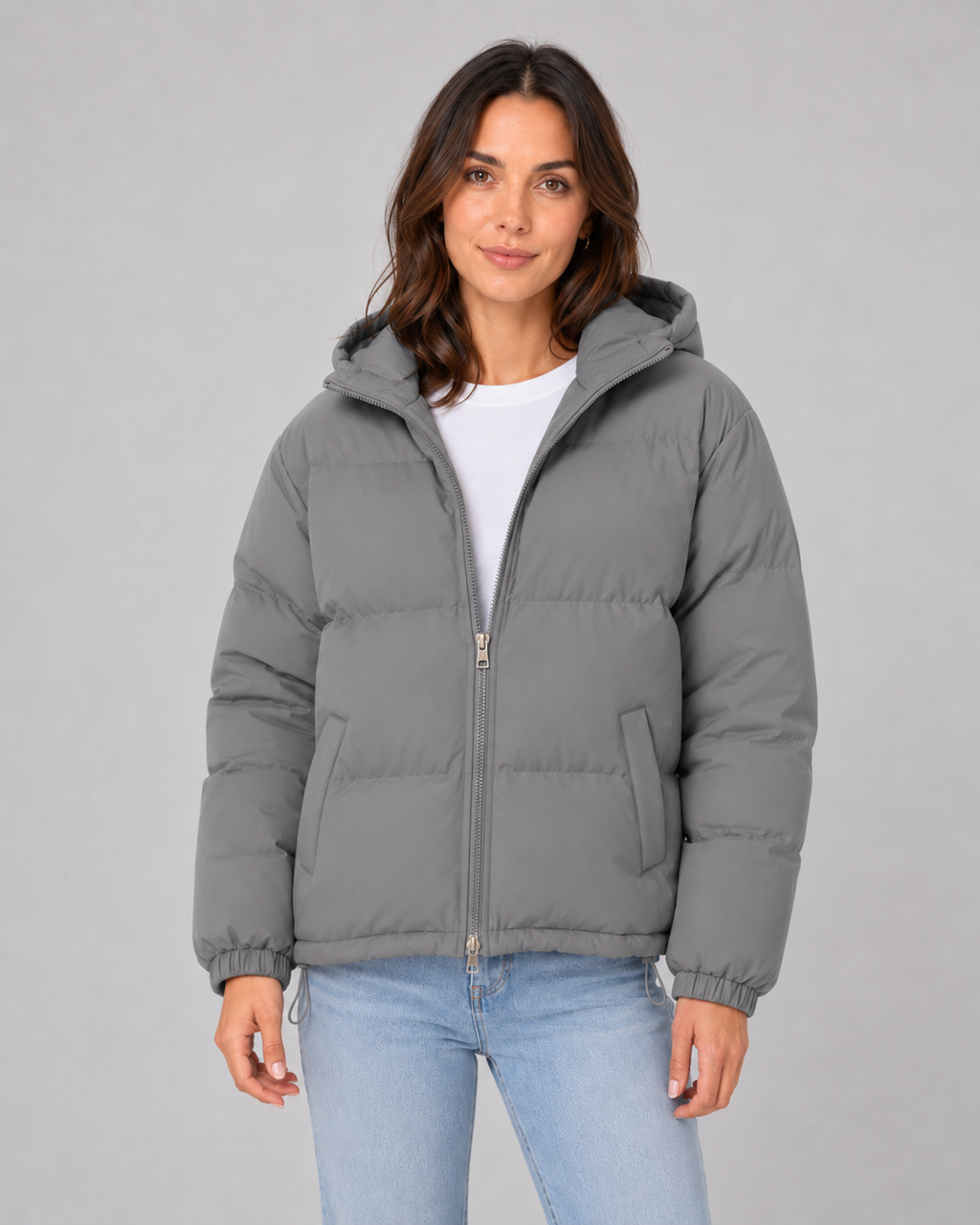 Women's Hooded Puffer Jacket with Drawstring Hem and Zip Front - Grey