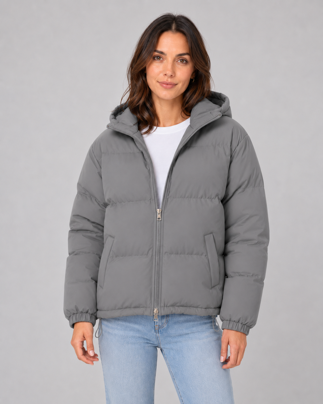 Women's Hooded Puffer Jacket with Drawstring Hem and Zip Front - Grey
